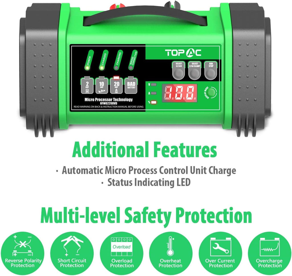 12 Volt 2/10/20A, 24 Volt 2/10A Smart Car Battery Charger Pack of 2 D563054