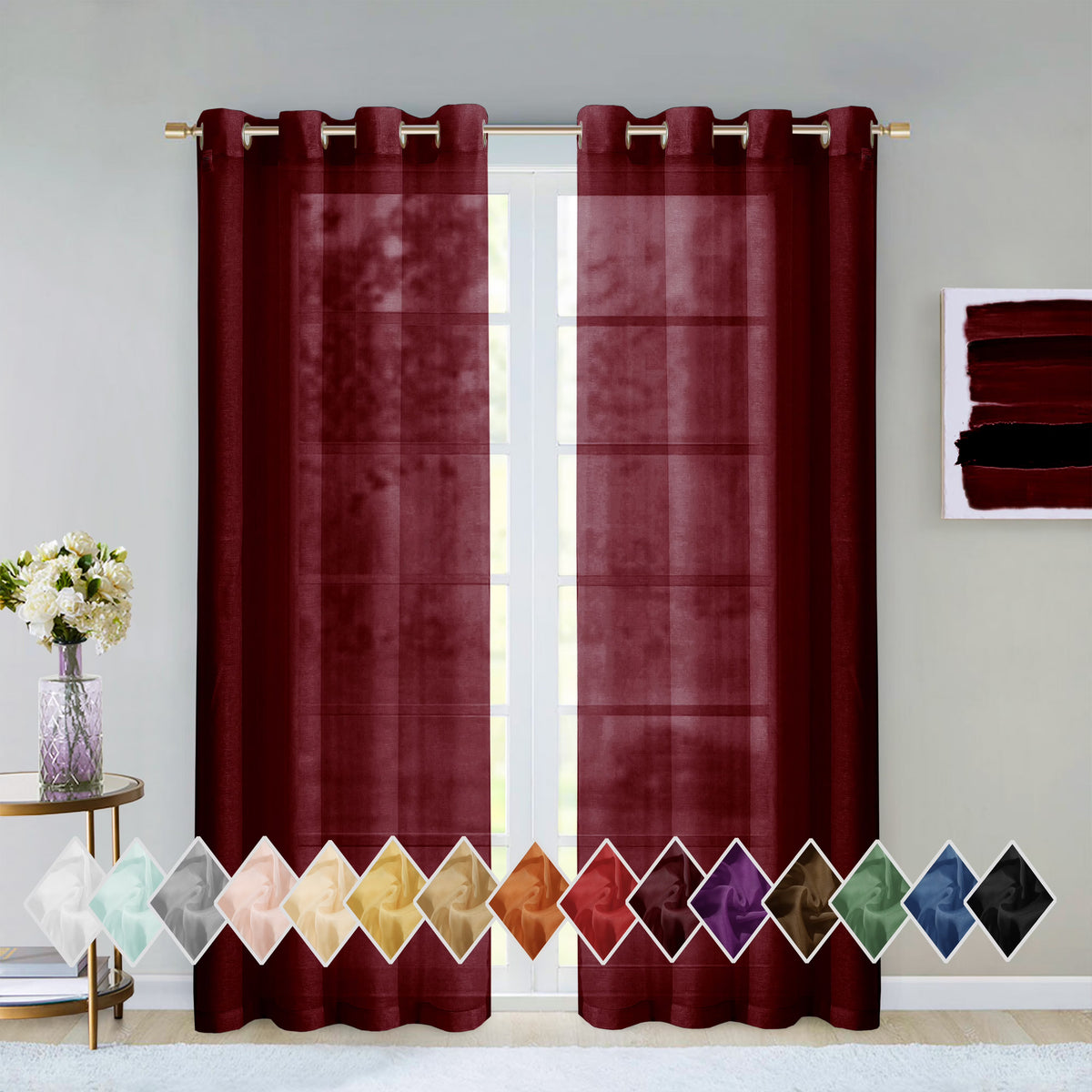 Burgundy Semi-Sheer Grommet Curtain Panel Pair, 108" x 84" K766082