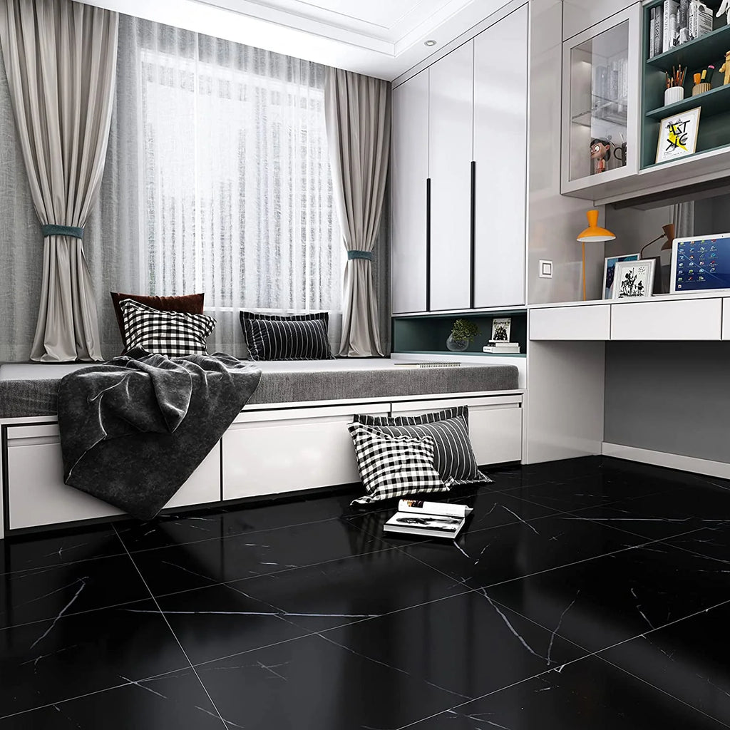 24-Pack Peel and Stick Vinyl Floor Tile 12"x24" Black Marble S134195