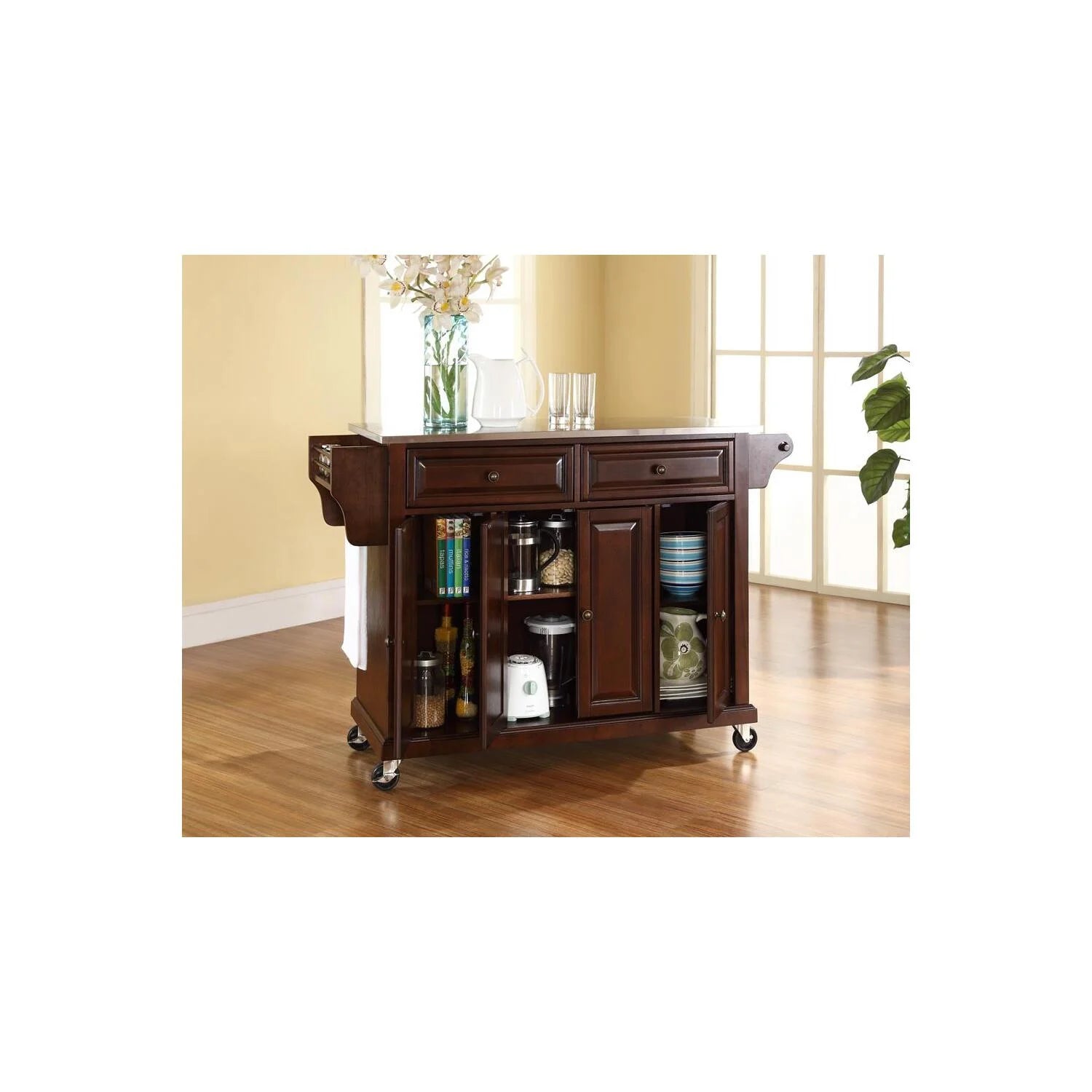 Mahogany/Silver Wood/Stainless Steel Kitchen Cart P548212