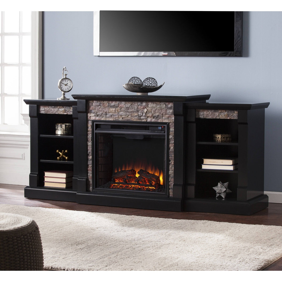 Black Faux Stone Electric Fireplace with Bookcases X33459