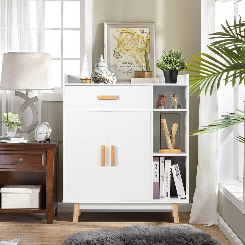 White Floor Storage Cabinet with 1 Drawer, 2 Doors, 3 Shelves I952