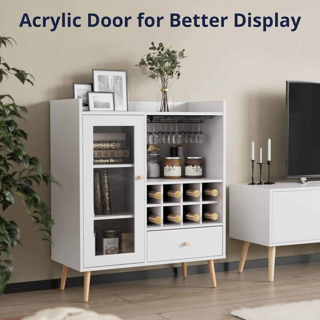 White Coffee Bar Cabinet with Storage, Mid-Century Modern Buffet Sideboard with Removable Wine Rack, Acrylic Door S232389