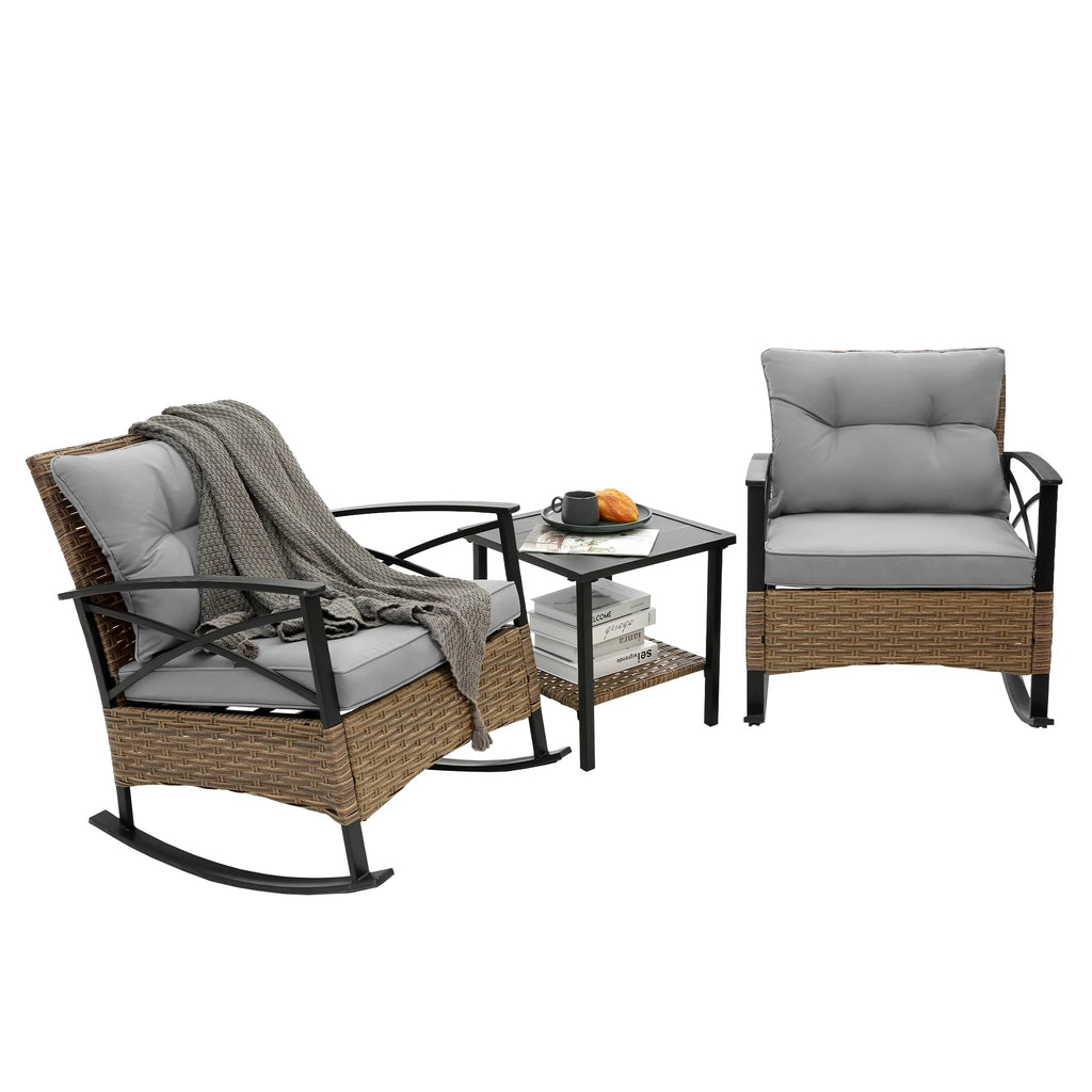 Grey Rattan Rocking Chair Set of 3 S876