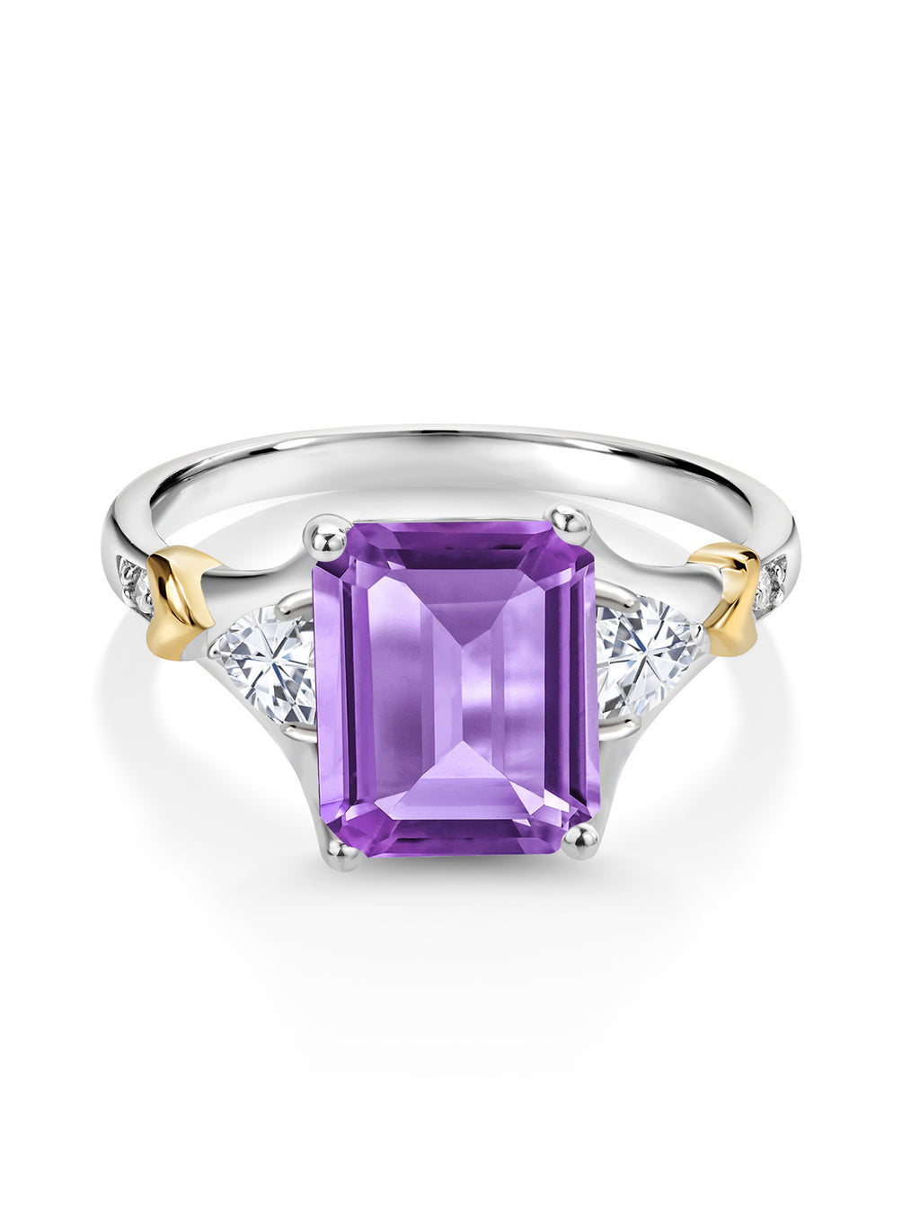Emerald Cut 925 Silver and 10K Yellow Gold Amethyst and Moissanite and Diamond Engagement Ring R1088