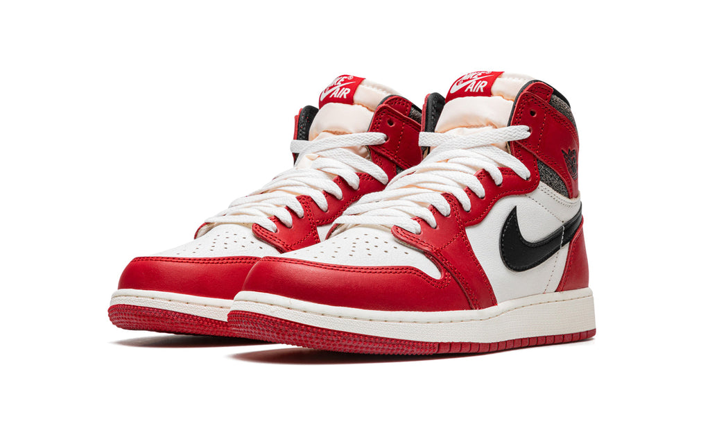 Air Jordan 1 Retro High OG Sneakers - Red and White with Black Swoosh and Cracked Collar