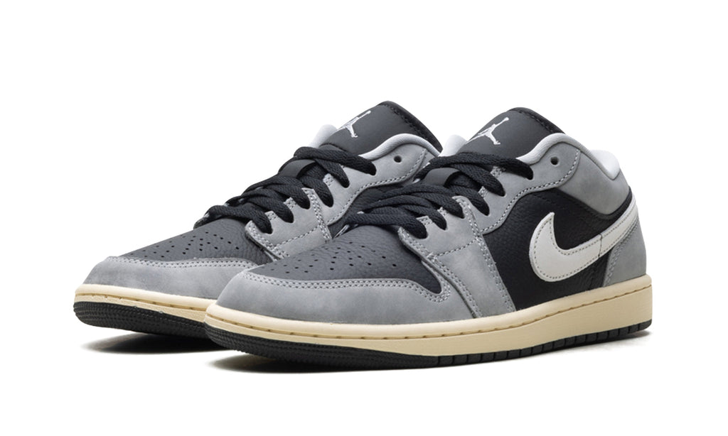 Air Jordan 1 Low Sneakers - Gray and Black with White Swooshes and Cream Midsole