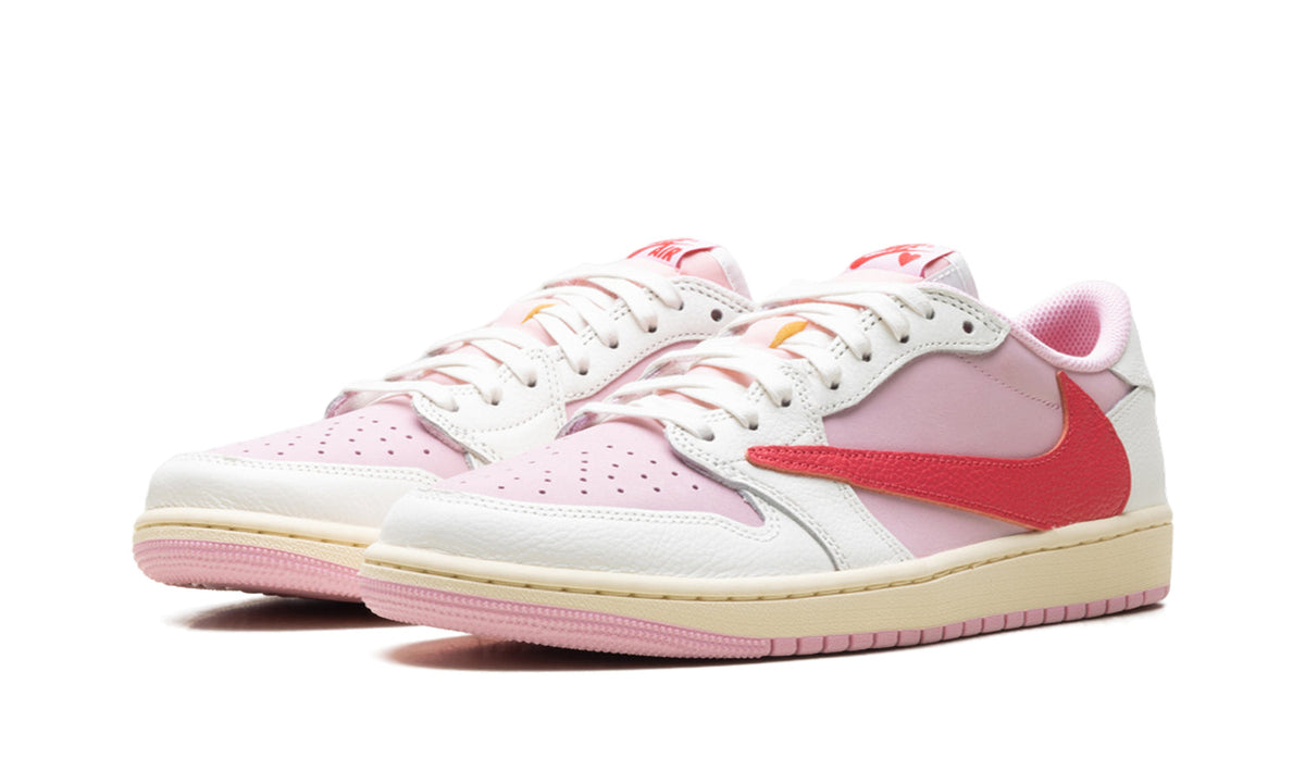 Air Jordan 1 Low OG Sneakers - Pink & White with Red Reverse Swoosh