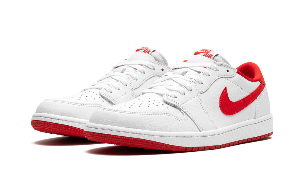 Air Jordan 1 Retro Low OG Sneakers - White with Red Swooshes and Outsole